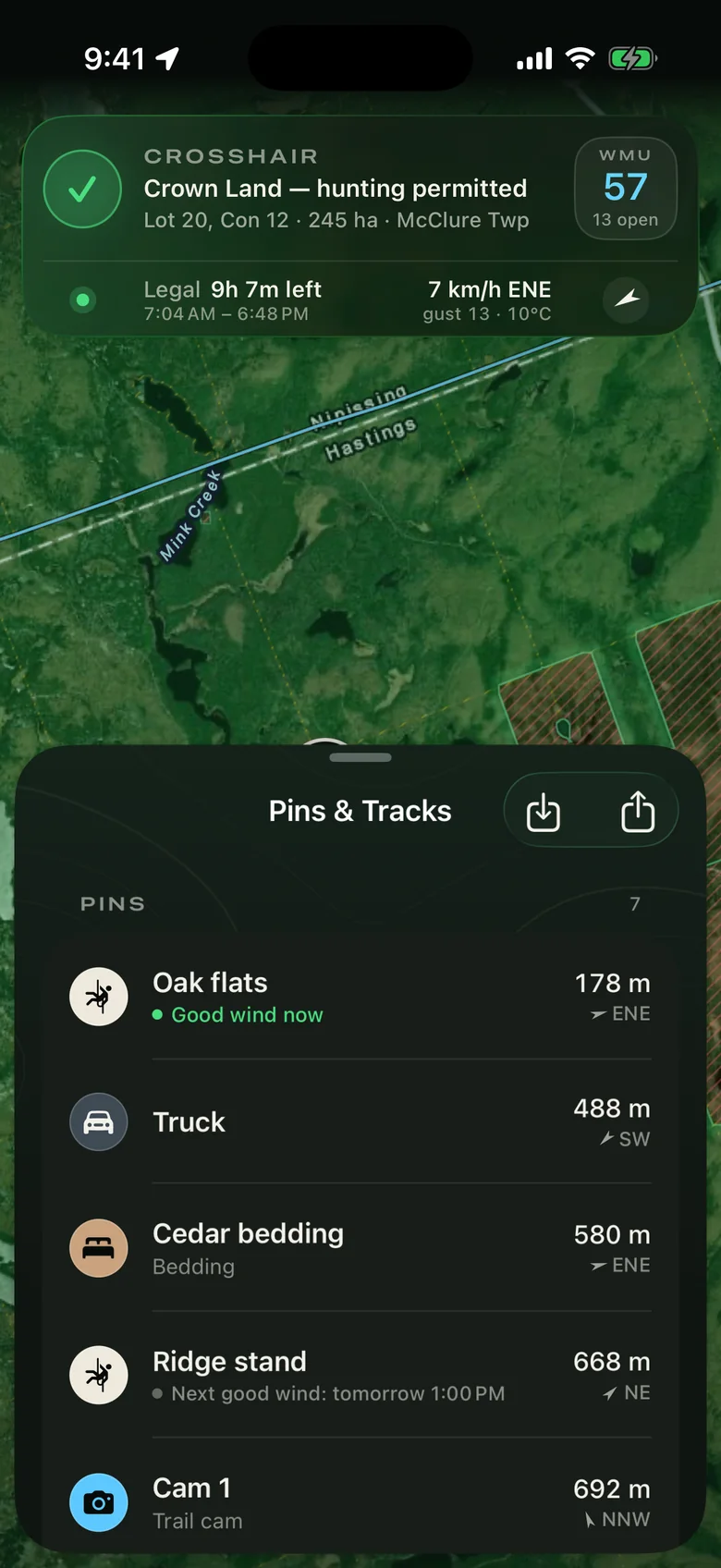 Pin list: Oak flats has a good wind now; Ridge stand's next good wind is tomorrow at 1:00 PM