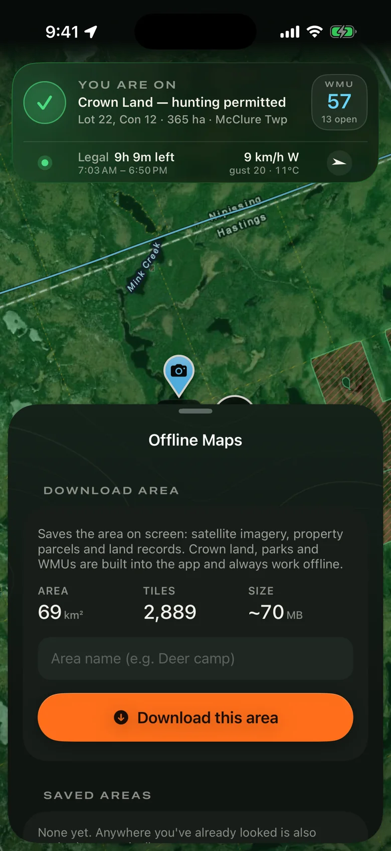 Offline Maps sheet: 69 square kilometres, 3,058 tiles, about 74 MB